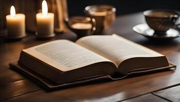 Open Book on a Table with Candles photo