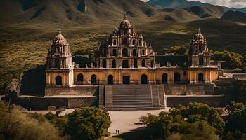Ancient Temple Architecture in a Mountainous Landscape photo