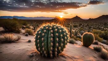 Sunset over a Desert Landscape with a Large Cactus in the Foreground photo