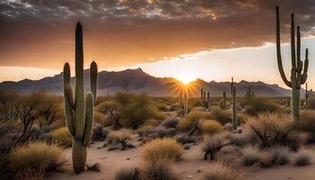 Sunset in the Desert with a Cactus photo