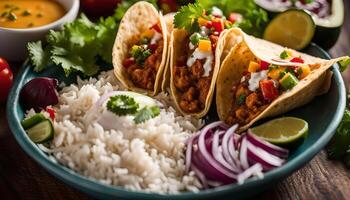 Delicious Tacos with Rice, Onions and Lime photo