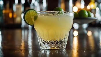 Close-up of a refreshing margarita with a lime wedge, salt rim, and a blurred bar background photo