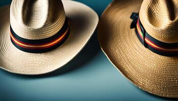 Two Straw Hats with Colorful Bands photo