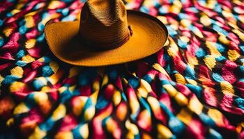 A cowboy hat laying on a colorful fabric photo