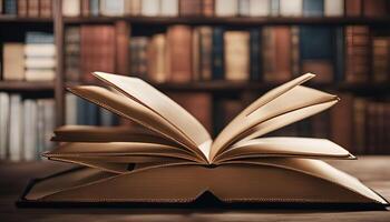 Open Book on a Wooden Desk with Bookshelf Background photo