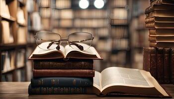 Stack of Books in Library with Glasses photo