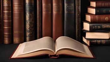 Open Book with Bookshelf in the Background photo