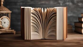 Open Book on Wooden Table photo