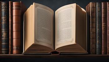 Open Book and Stack of Books on Shelf photo
