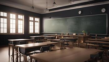 Empty Classroom with Sunlight Streaming Through Windows photo