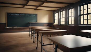 Empty Classroom with Desks and Chalkboard photo