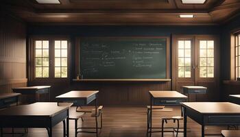 Empty Classroom with Wooden Desks and Chalkboard photo