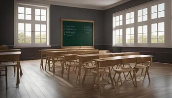 Empty Classroom with Wooden Desks and Green Chalkboard photo