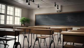 Empty Classroom with a Chalkboard and Desks photo