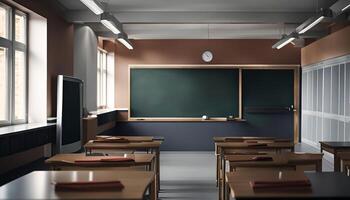 Empty Classroom with Desks, Chalkboard, and Windows photo