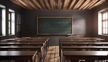 Empty Classroom with Wooden Desks and Chalkboard photo