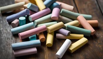 Assortment of Colorful Chalks on Wooden Surface photo