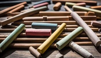 Assortment of Colorful Chalks on Wooden Surface photo