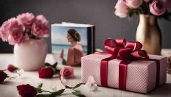 Gift Box with Red Ribbon on a White Table with Roses photo