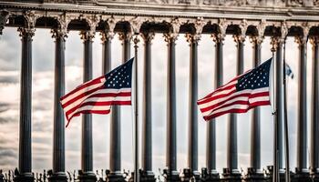American Flags Waving in Front of Columns photo