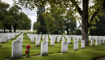 A solemn cemetery in the heart of nature, rows of white tombstones echo the green grass and vibrant red roses, a tribute to those who have passed, reminding us of life s fragility and preciousness. photo