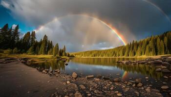 Double Rainbow Reflecting in a Still Lake photo