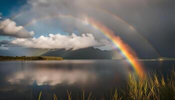 Rainbow over lake and mountains photo