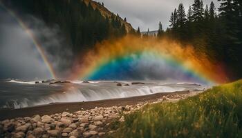 Double Rainbow Over a River with Waterfall photo