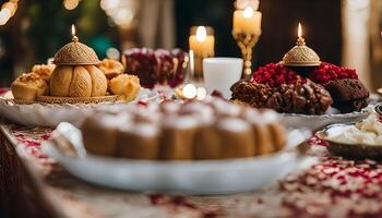 A Table Spread with Traditional Sweets and Candles photo