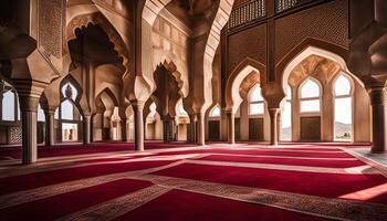 Mosque Interior with Arched Windows and Red Carpet photo