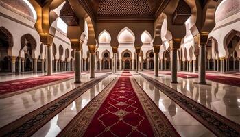 Grand Mosque Interior with Rows of Pillars and Red Carpets photo