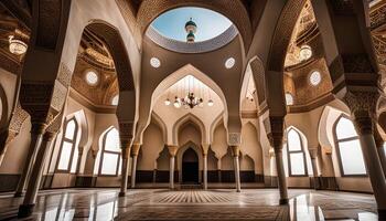 Interior of a grand mosque with intricate arches and a dome photo