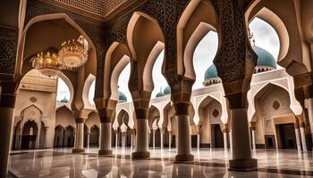 The Grand Mosque in the City of Abu Dhabi, with its intricate architecture and opulent chandeliers photo