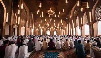A Large Gathering of Muslims Praying Inside a Mosque photo
