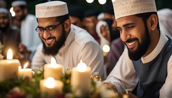 Two Men in Traditional Attire Smiling at a Table with Candles photo