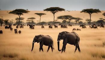 Two African Elephants Walking Through Tall Grass in the Savanna photo
