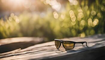 Sunglasses on a Wooden Surface with a Bokeh Background photo