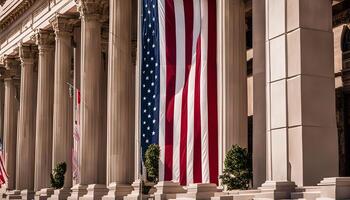 American Flag Waving in Front of Classical Architecture photo