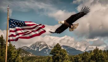 American Bald Eagle Soaring Over Mountains photo