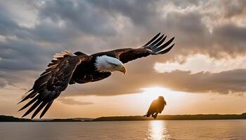 Majestic Bald Eagle in Flight at Sunset photo