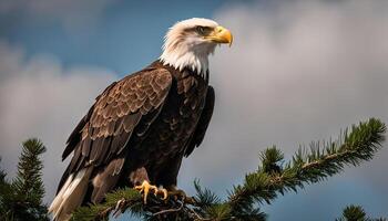 Bald Eagle Perched on Pine Branch photo