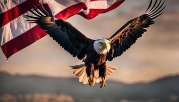 Bald Eagle Soaring with American Flag photo