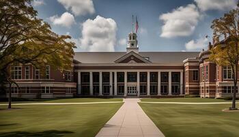 A Brick Building With a Lawn in Front of it photo