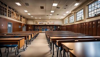 Empty Classroom with Rows of Desks photo