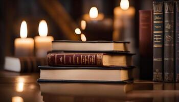 Stack of Books Illuminated by Candlelight photo