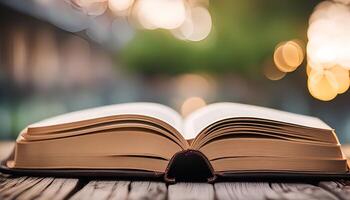 Open Book on a Wooden Table with Blurred Background photo