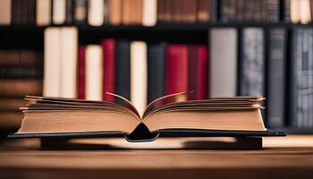 Open Book with Bookshelf Background photo