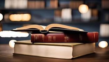 Open Book on a Stack of Books in a Library photo