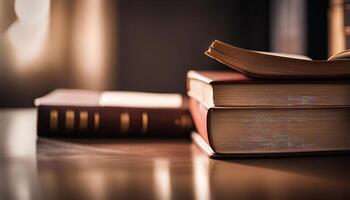 A Stack of Books on a Wooden Table photo
