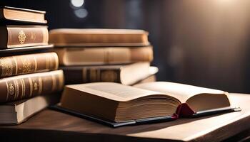 Open Book on a Table with Stack of Books in the Background photo